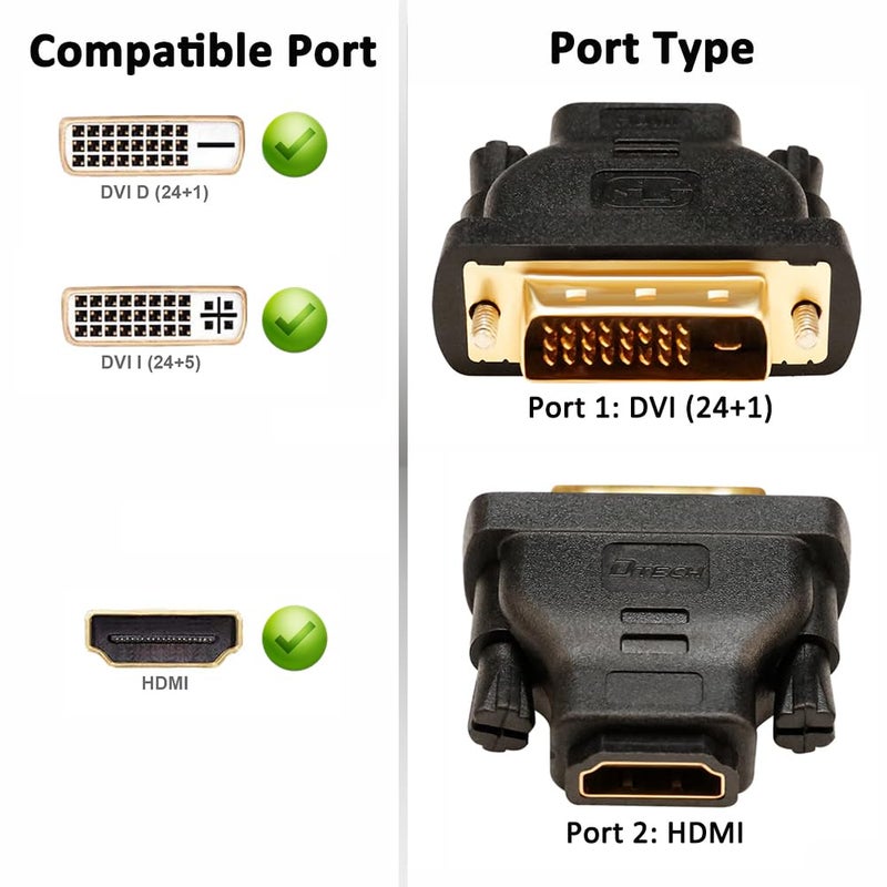 DTECH DVI to HDMI Adapter DVI Male to HDMI Female Bi-Directional DVI-D Port Converter 4K 1080P Gold Plated Connector - Image 2